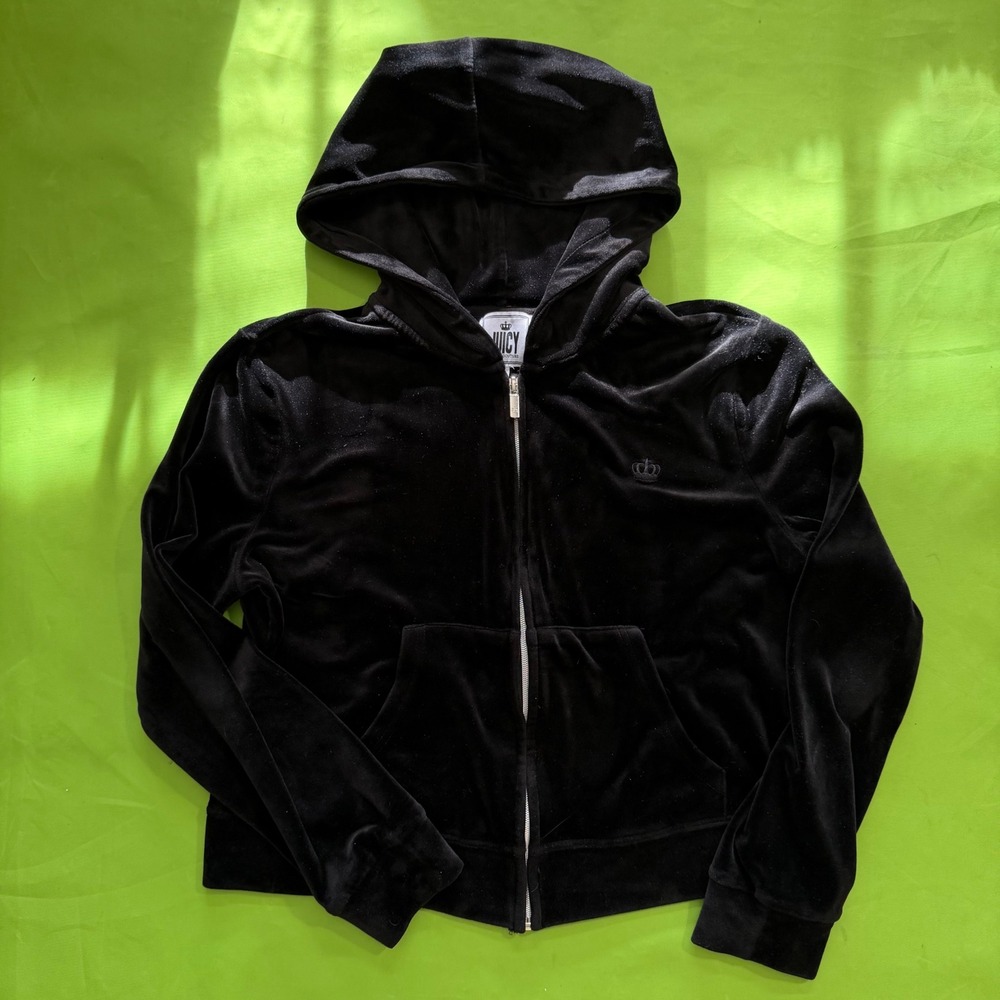 Juicy by Juicy Couture Black Velour Zip Up Hoodie Crown Logo Large